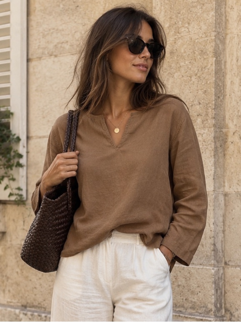 Eileen Fisher 100% Linen Brown Split Neck Relaxed Boxy Langenlook Blouse Top M